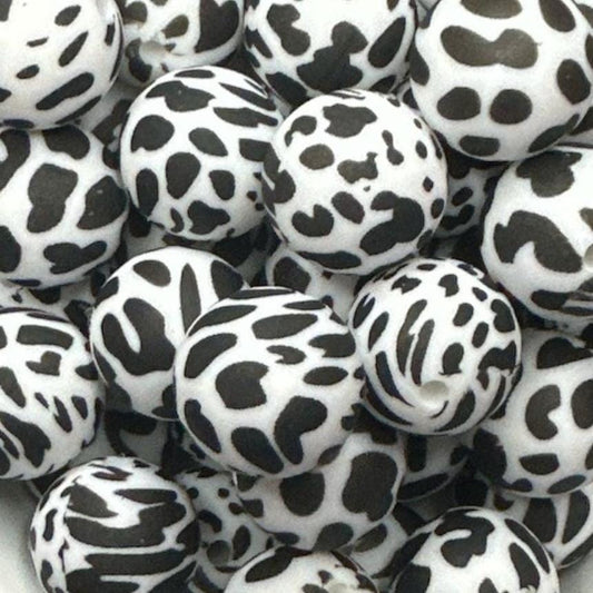 Black Cow Print 15mm Round Printed Silicone Beads