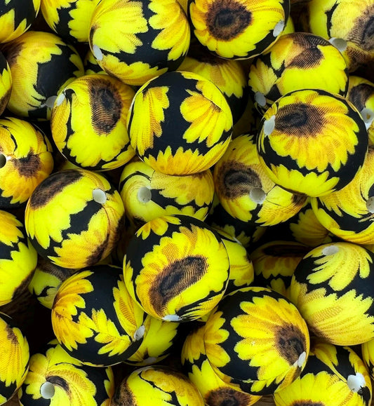 Black with Sunflowers Print 15mm Round Silicone Beads