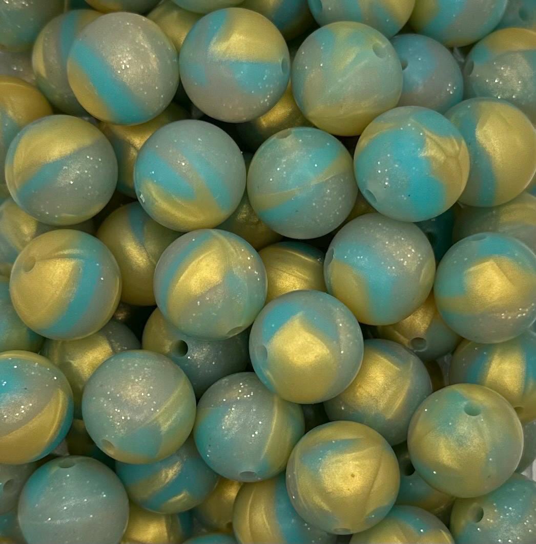 Teal Gold Sparkles Round Printed Silicone Beads