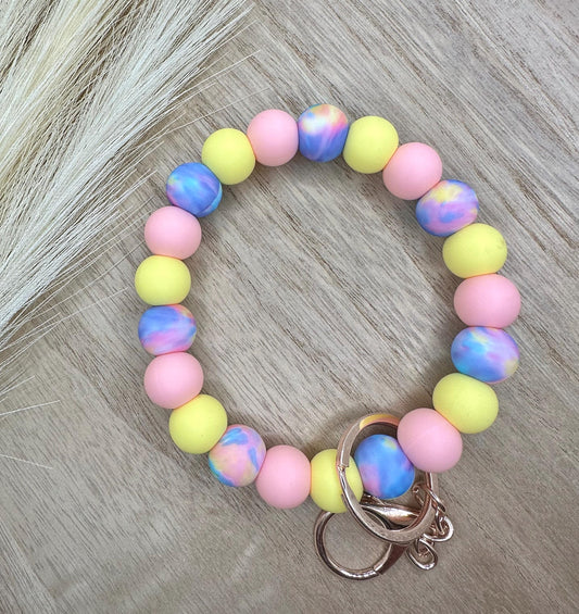 Pastel Tie Dye Silicone Beaded Wristlet Key Chain