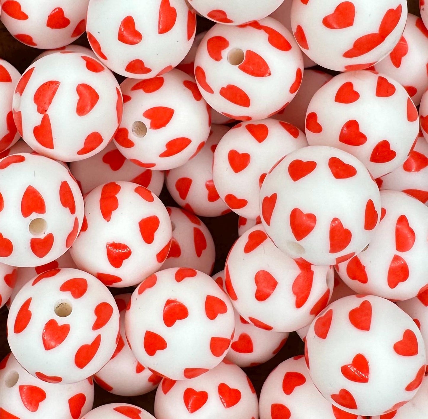 Red Hearts Print 15mm Round Silicone Beads