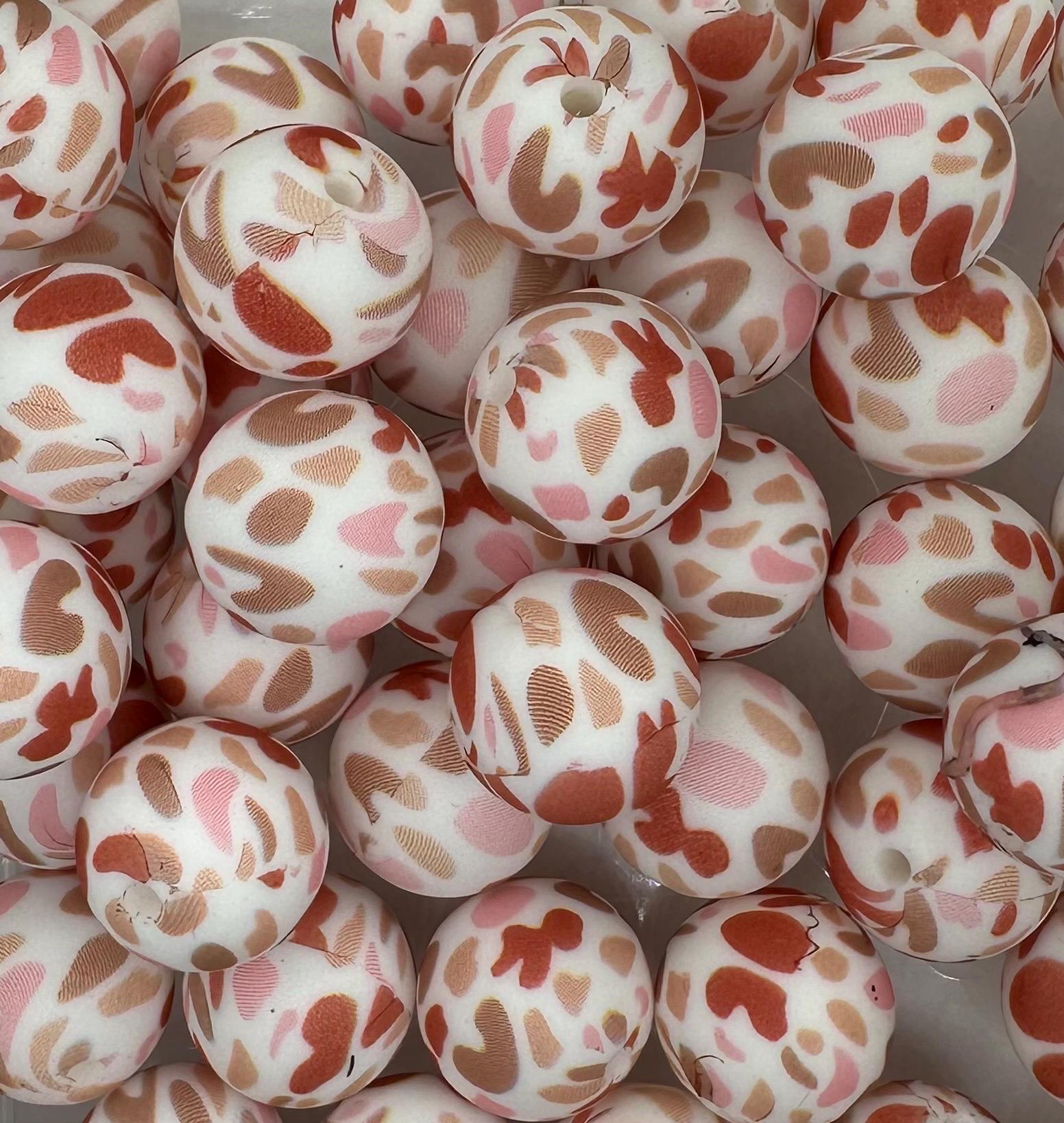 Pink Red Brown Terrozo Print 15mm Round Silicone Beads