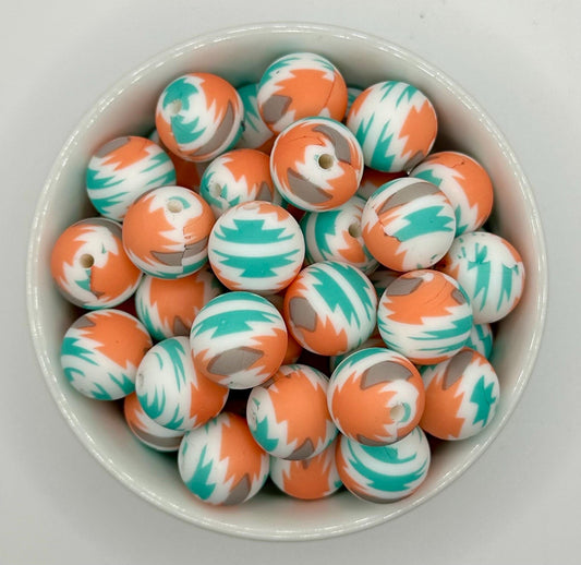 Aztec Mint and Orange 15mm Round Printed Silicone Beads