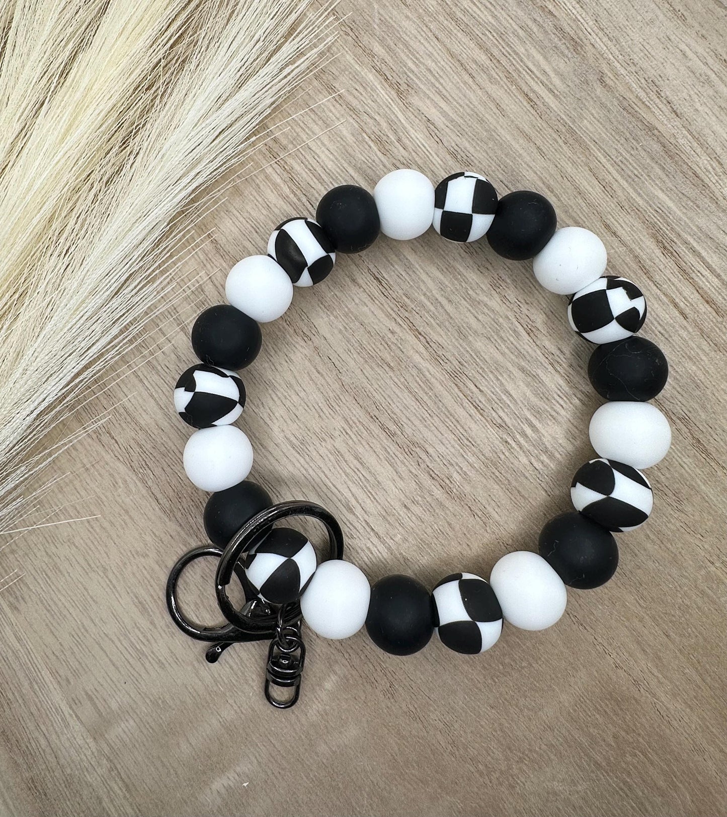 Black and White Checkered Silicone Beaded Wristlet Key Chain