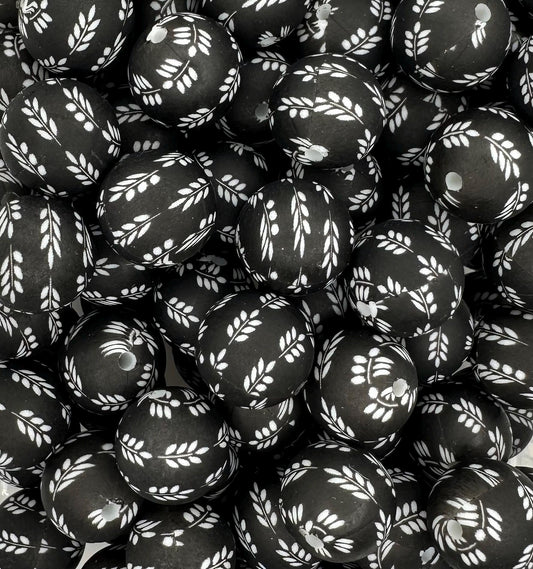 Black Floral Leaves Round Printed Silicone Beads