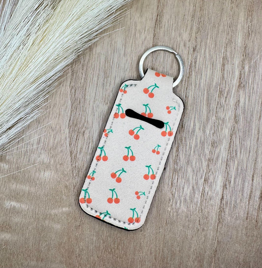 Cherry Print Neoprene Chapstick Holder Key Chain Lip Balm Holder