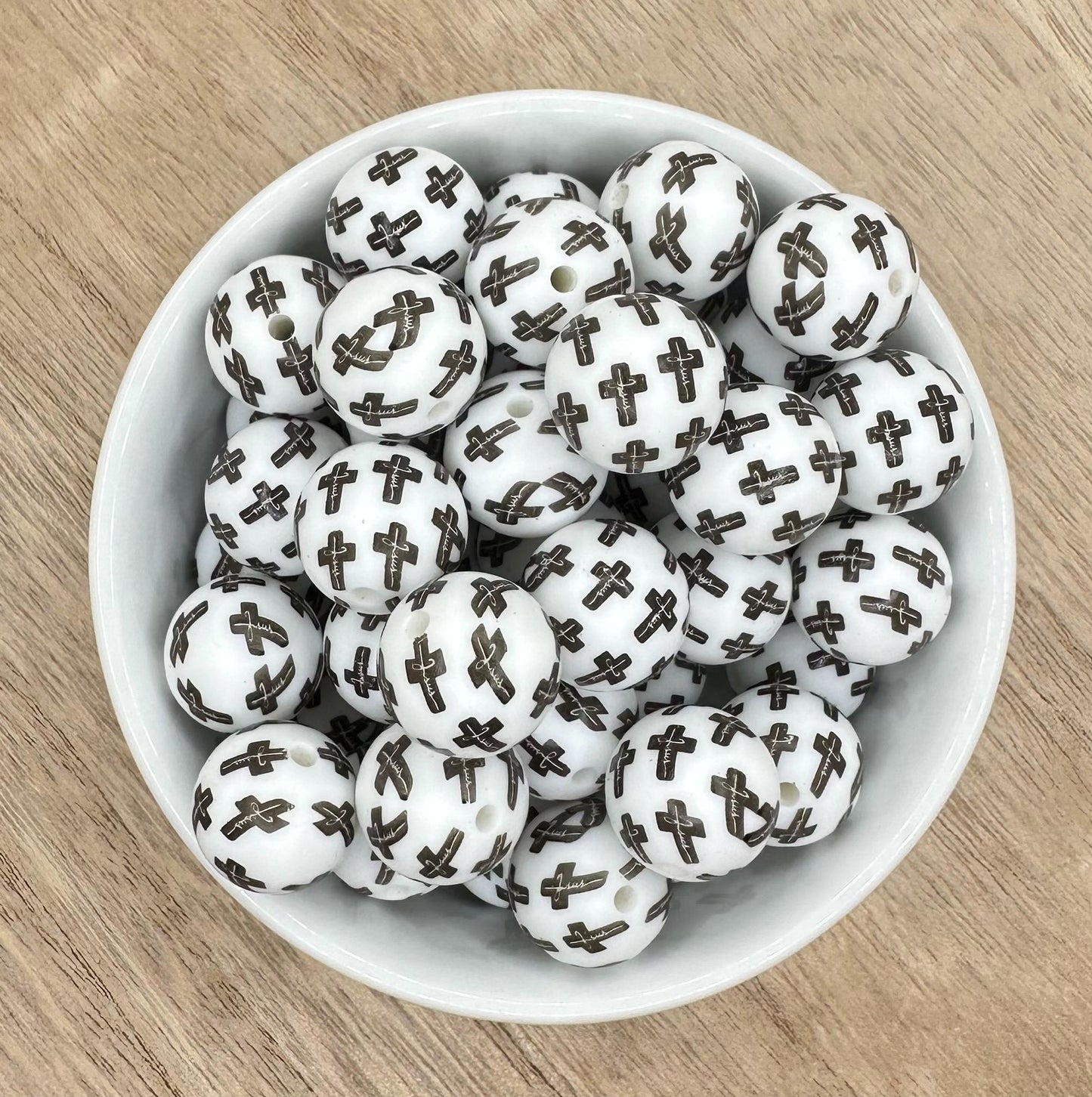 Cross Jesus Black and White 15mm Round Printed Silicone Beads