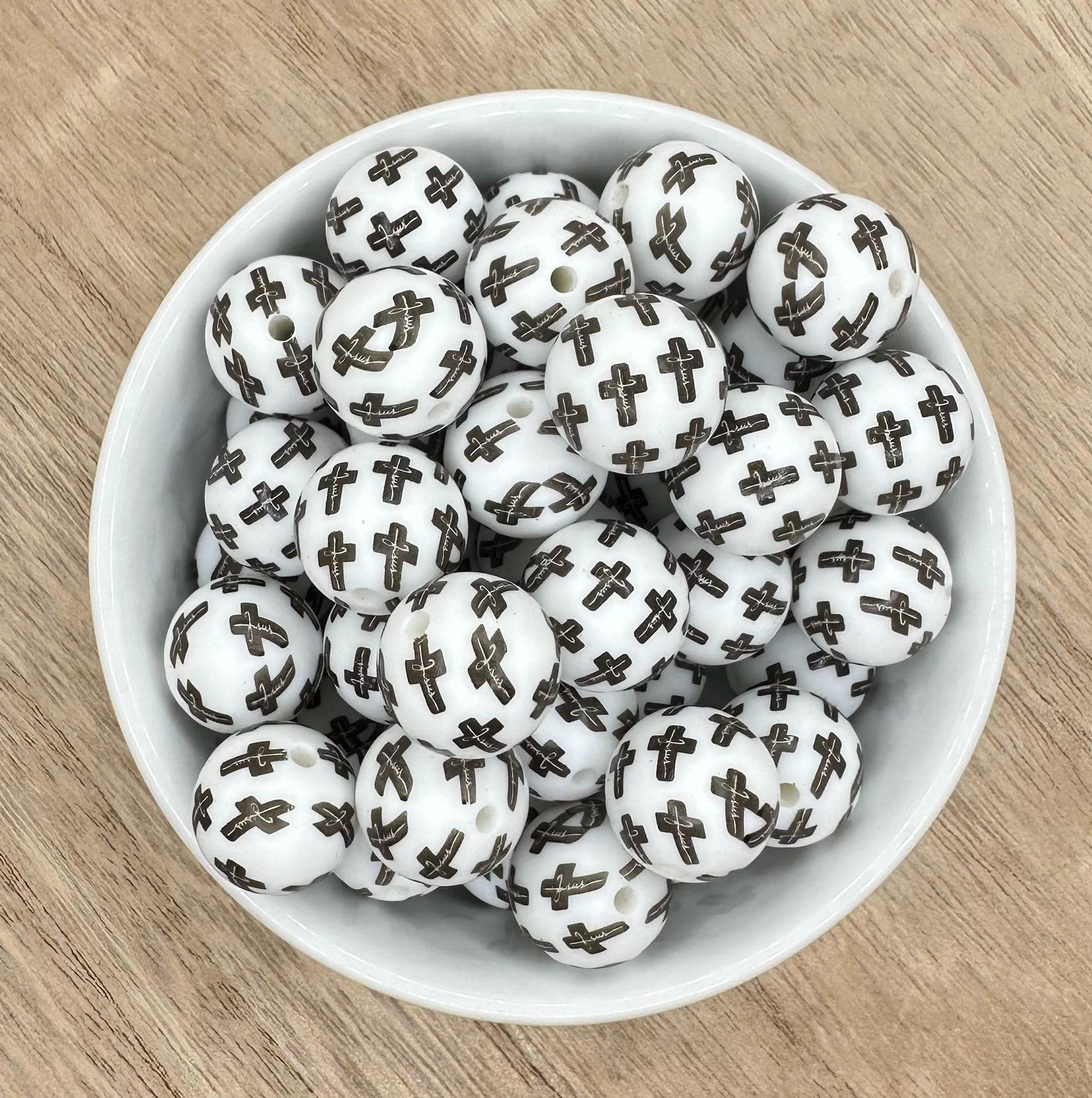 Cross Jesus Black and White 15mm Round Printed Silicone Beads