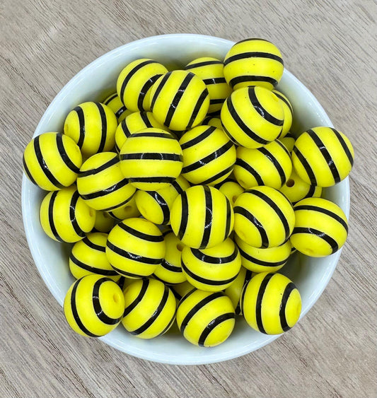 Bee Black and Yellow 15mm Round Printed Silicone Beads