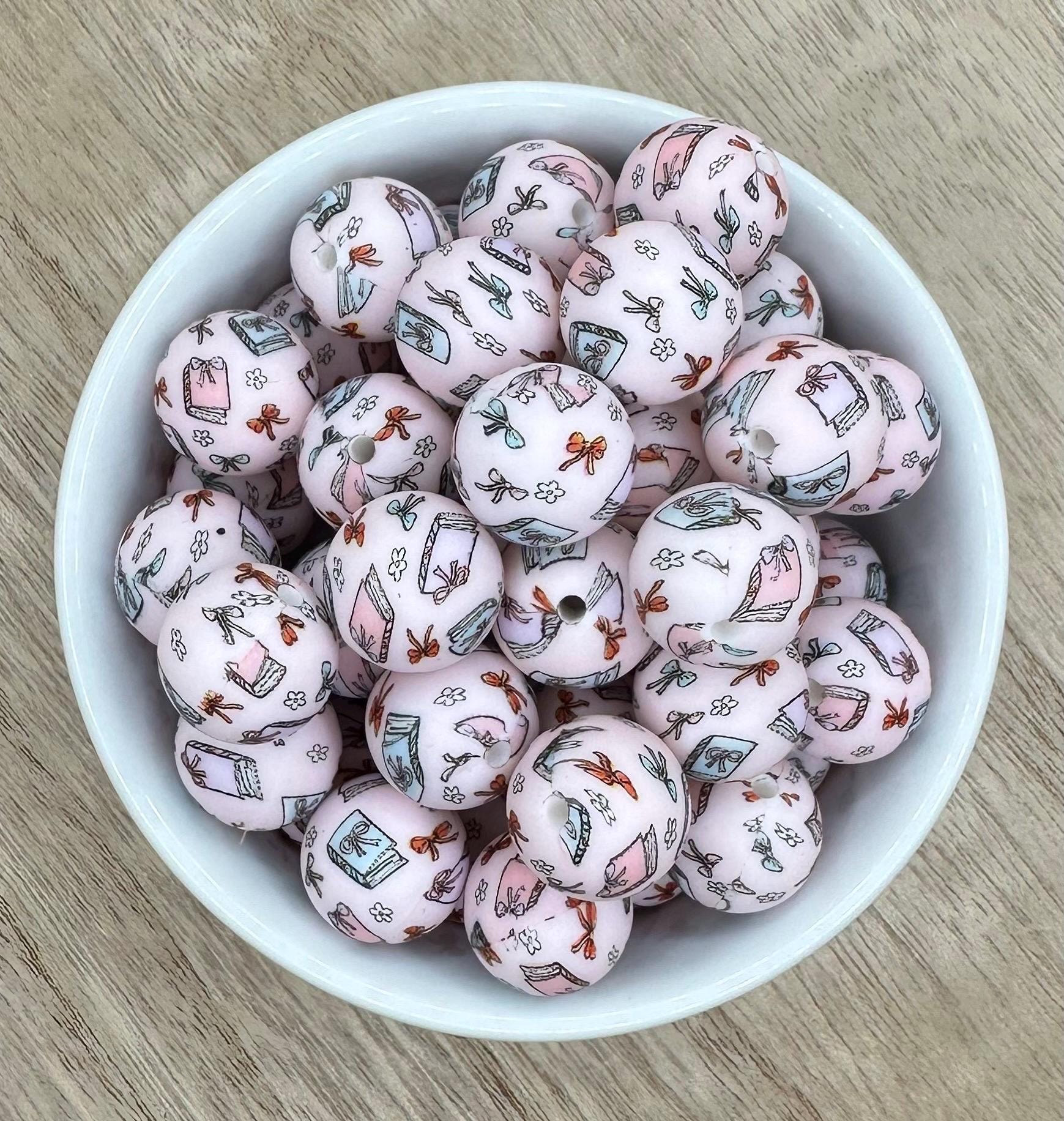 Books and Bows 15mm Round Printed Silicone Beads