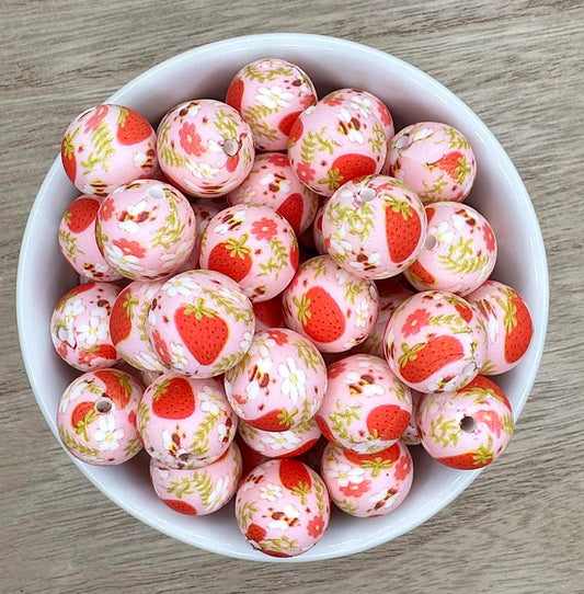 Strawberries Print 15mm Round Silicone Beads