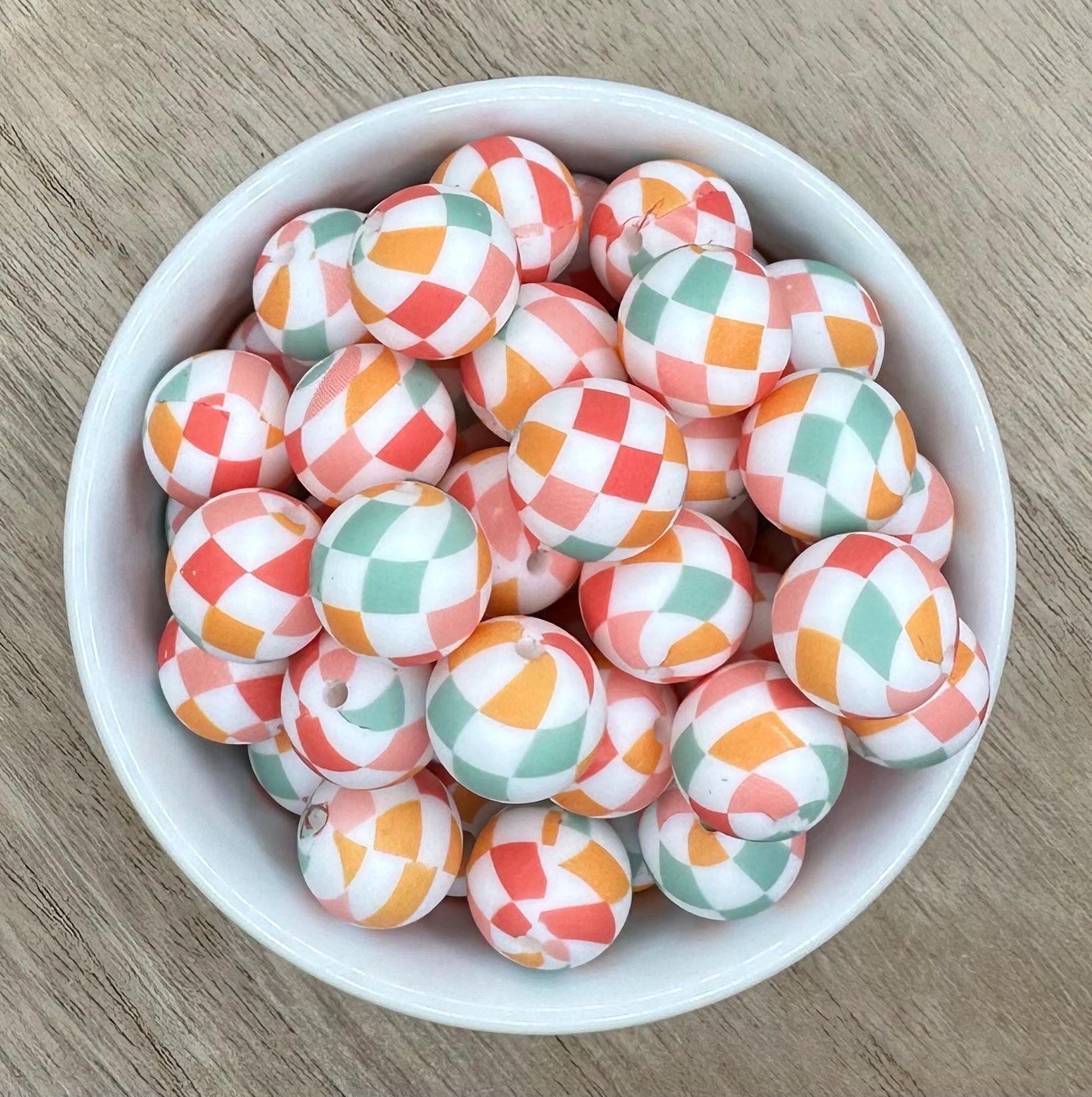 Bright Checkered 15mm Round Printed Silicone Beads