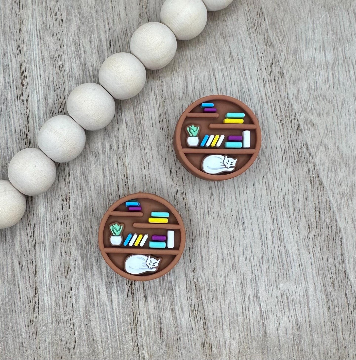 Book Shelf with Cat Double Sided Silicone Focal Beads