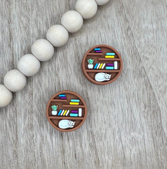 Book Shelf with Cat Double Sided Silicone Focal Beads