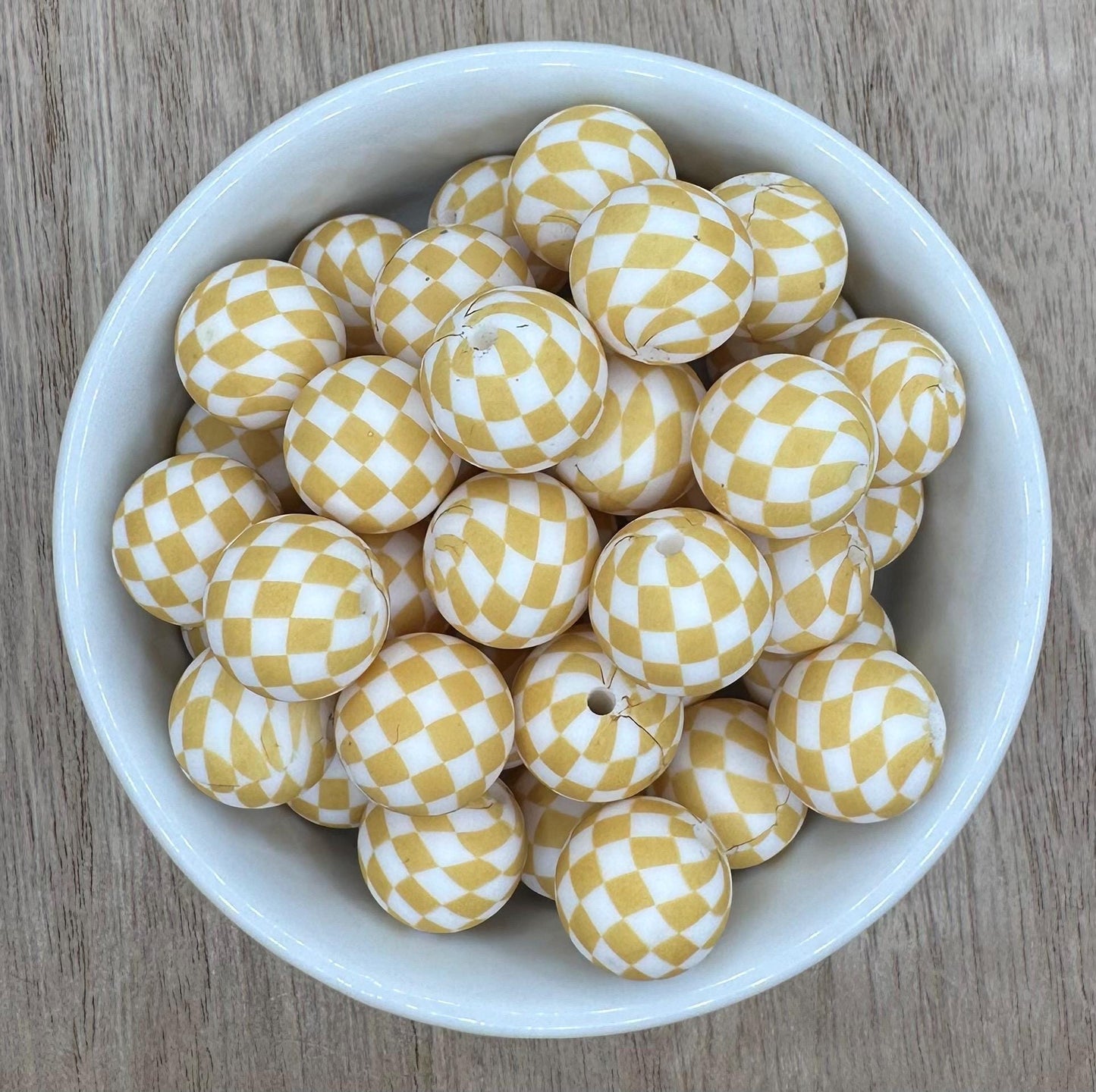 Beige Checkered Print 15mm Round Silicone Beads