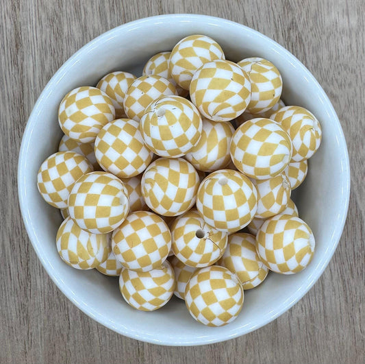 Beige Checkered Print 15mm Round Silicone Beads