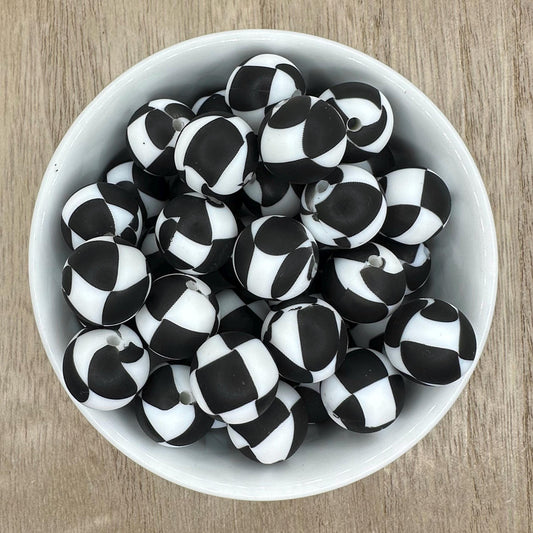 Checkered Black and White 15mm Round Printed Silicone Beads