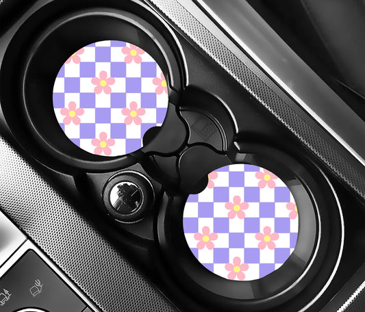 Purple Checkered with Flowers Car Coasters, Neoprene Car Coasters