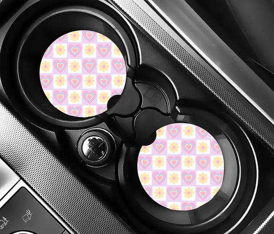 Checkered Hearts Car Coasters, Neoprene Car Coasters