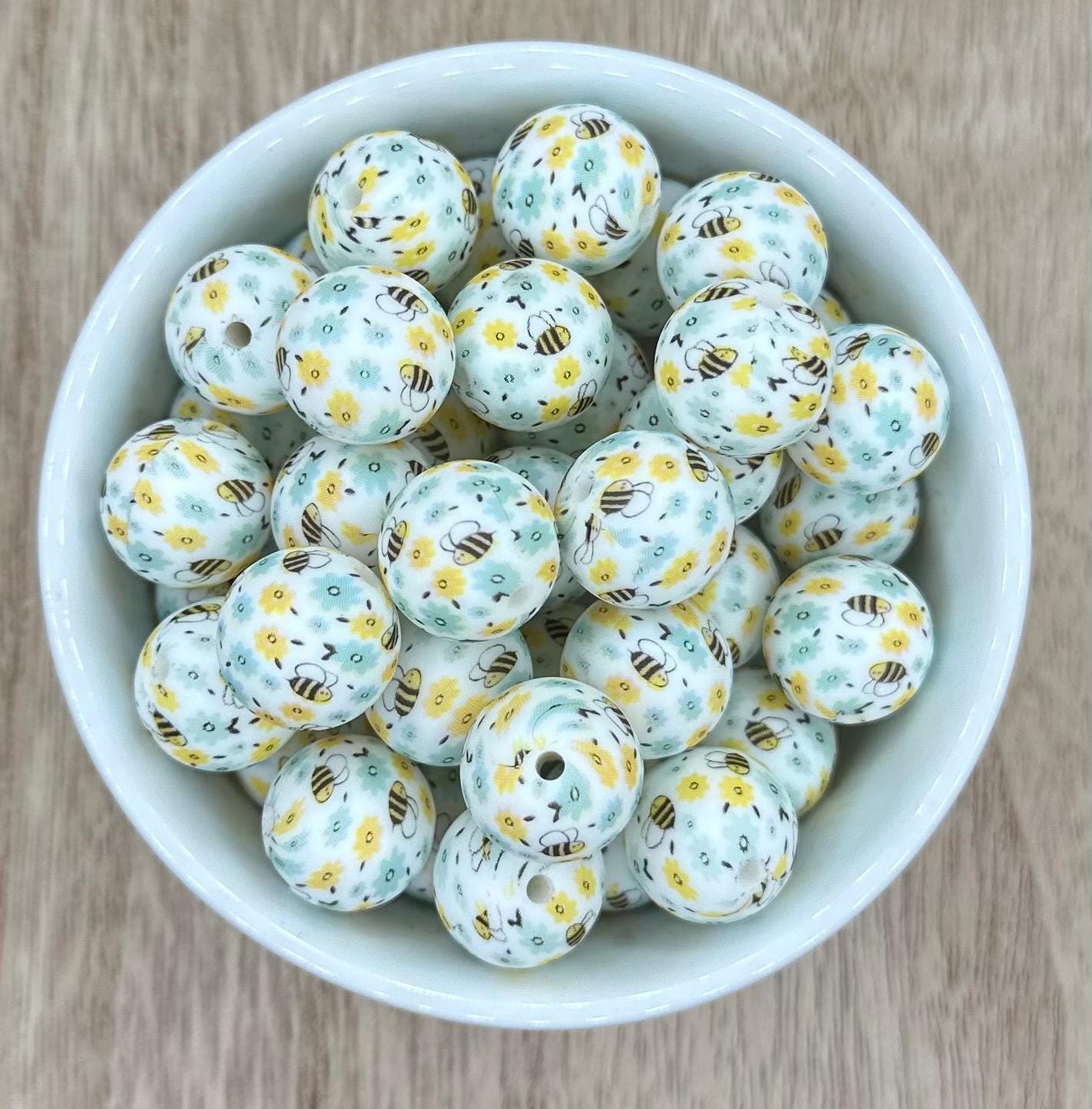 Busy Bee Print 15mm Round Printed Silicone Beads