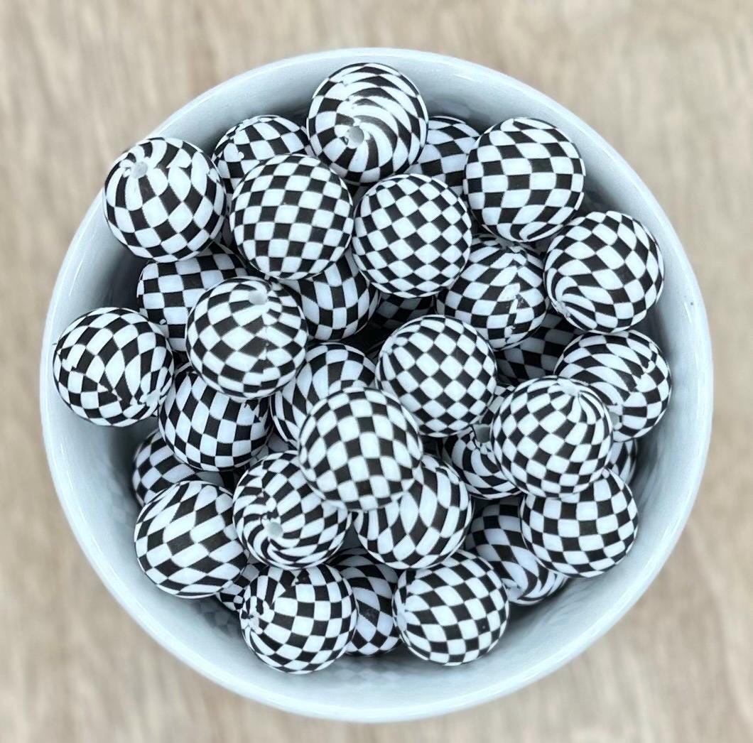 Mini Checkered Print 15mm Round Silicone Beads
