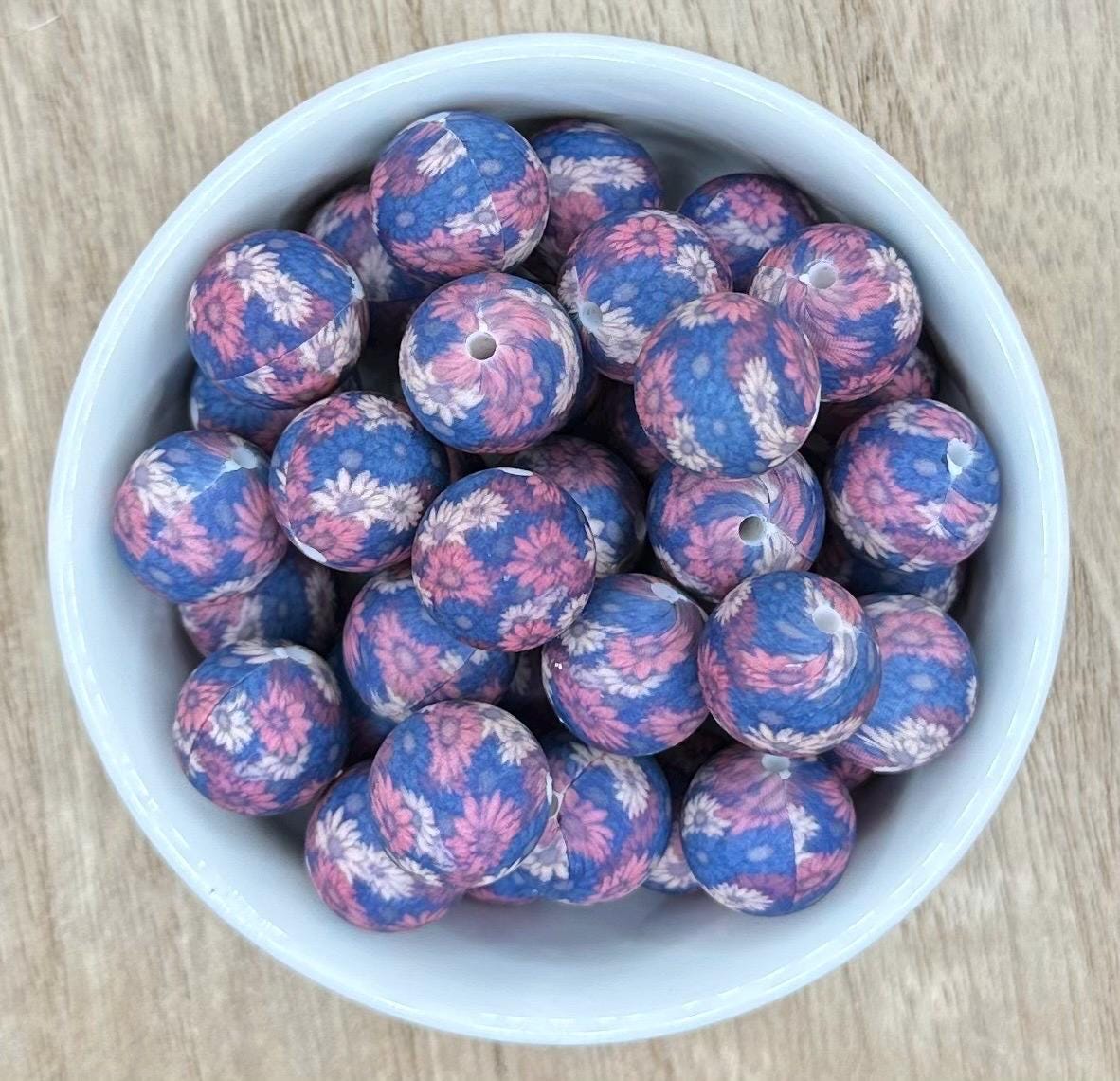 Navy and Purple Flowers 15mm Round Printed Silicone Beads **Discontinuing**