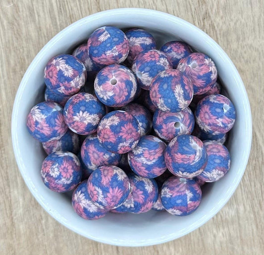 Navy and Purple Flowers 15mm Round Printed Silicone Beads **Discontinuing**