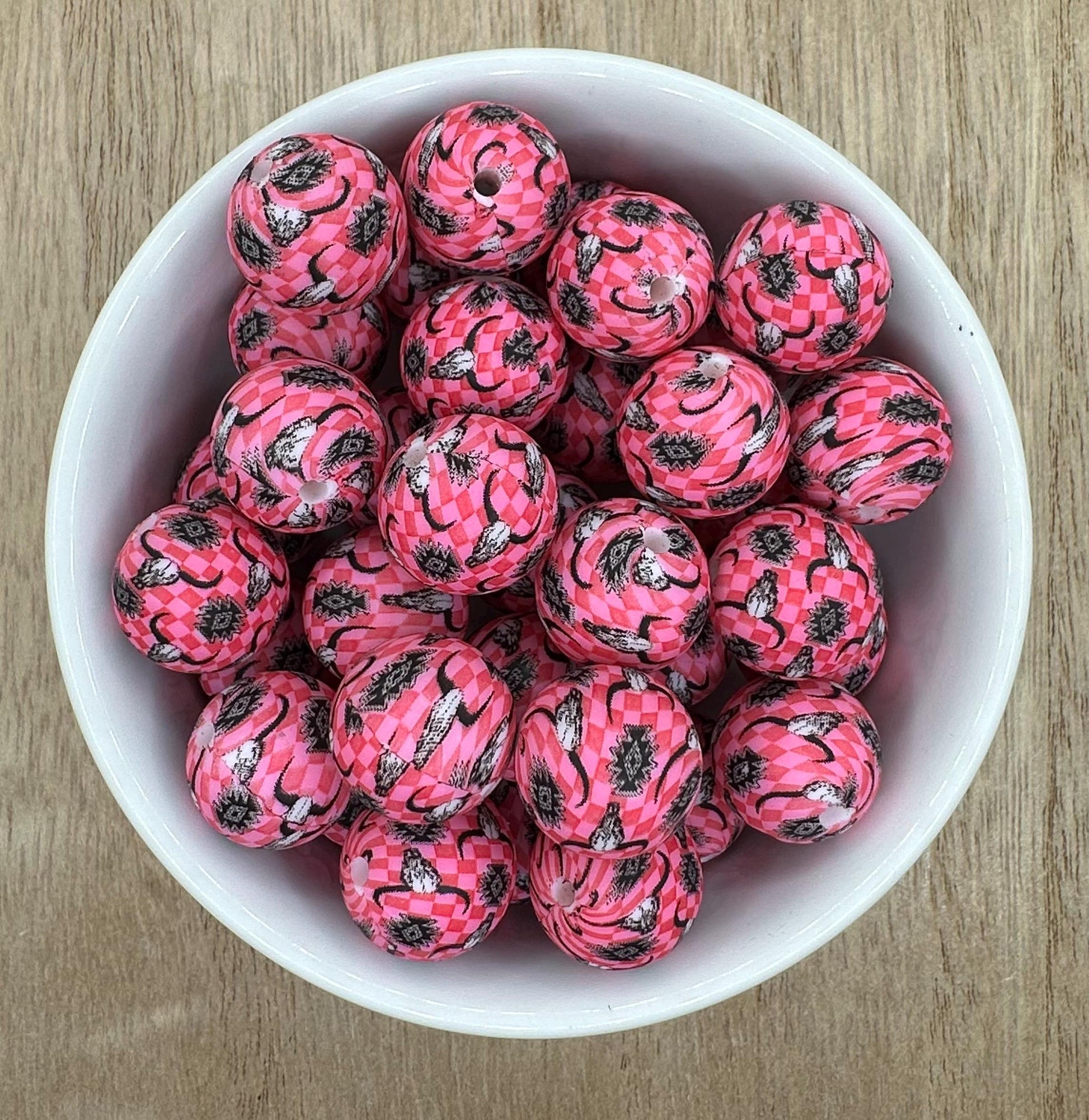 Bullskulls on Pink Checkered Print 15mm Round Silicone Beads
