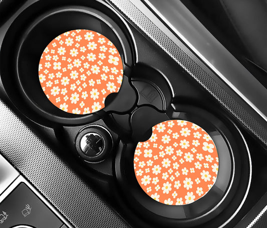 Orange Floral Car Coasters, Neoprene Car Coasters