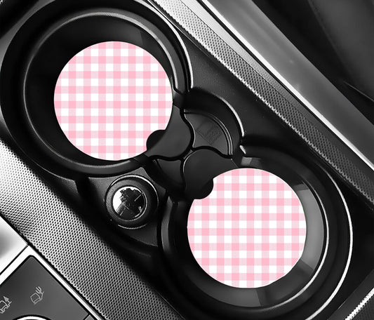 Pink Gingham Car Coasters, Neoprene Car Coasters