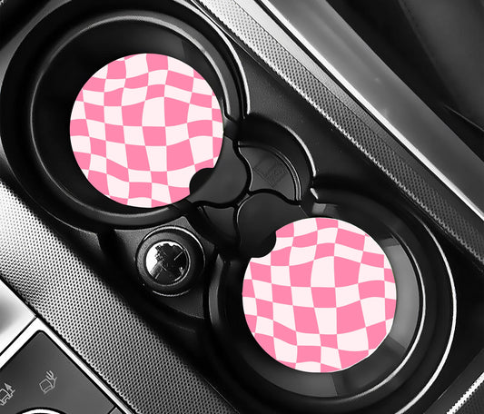 Wavy Pink Checkered Car Coasters, Neoprene Car Coasters