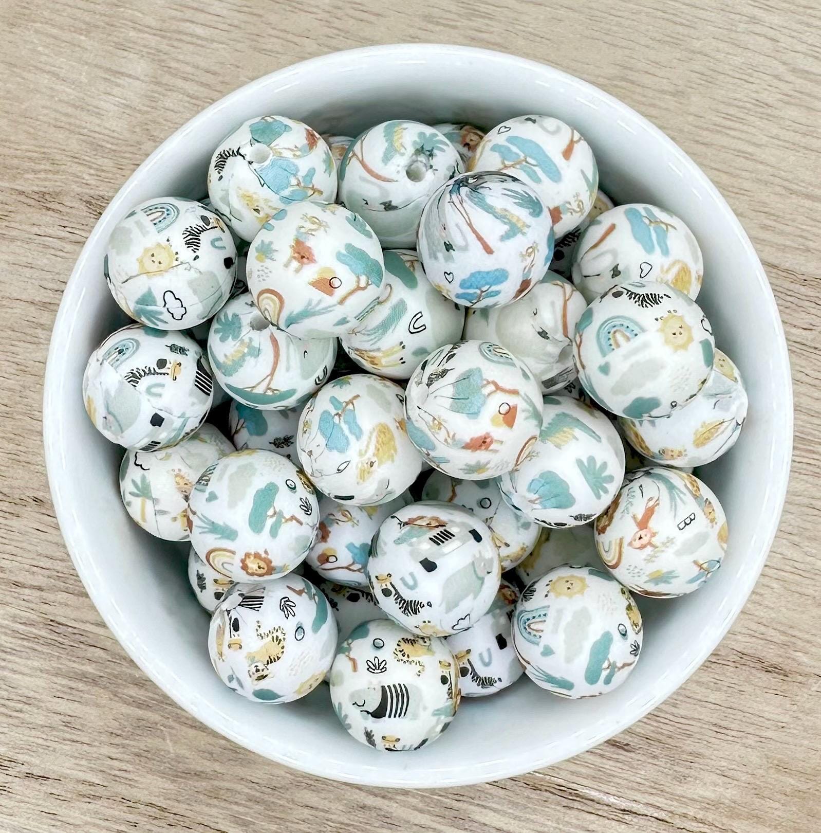 Safari Cartoon Animals 15mm Round Printed Silicone Beads