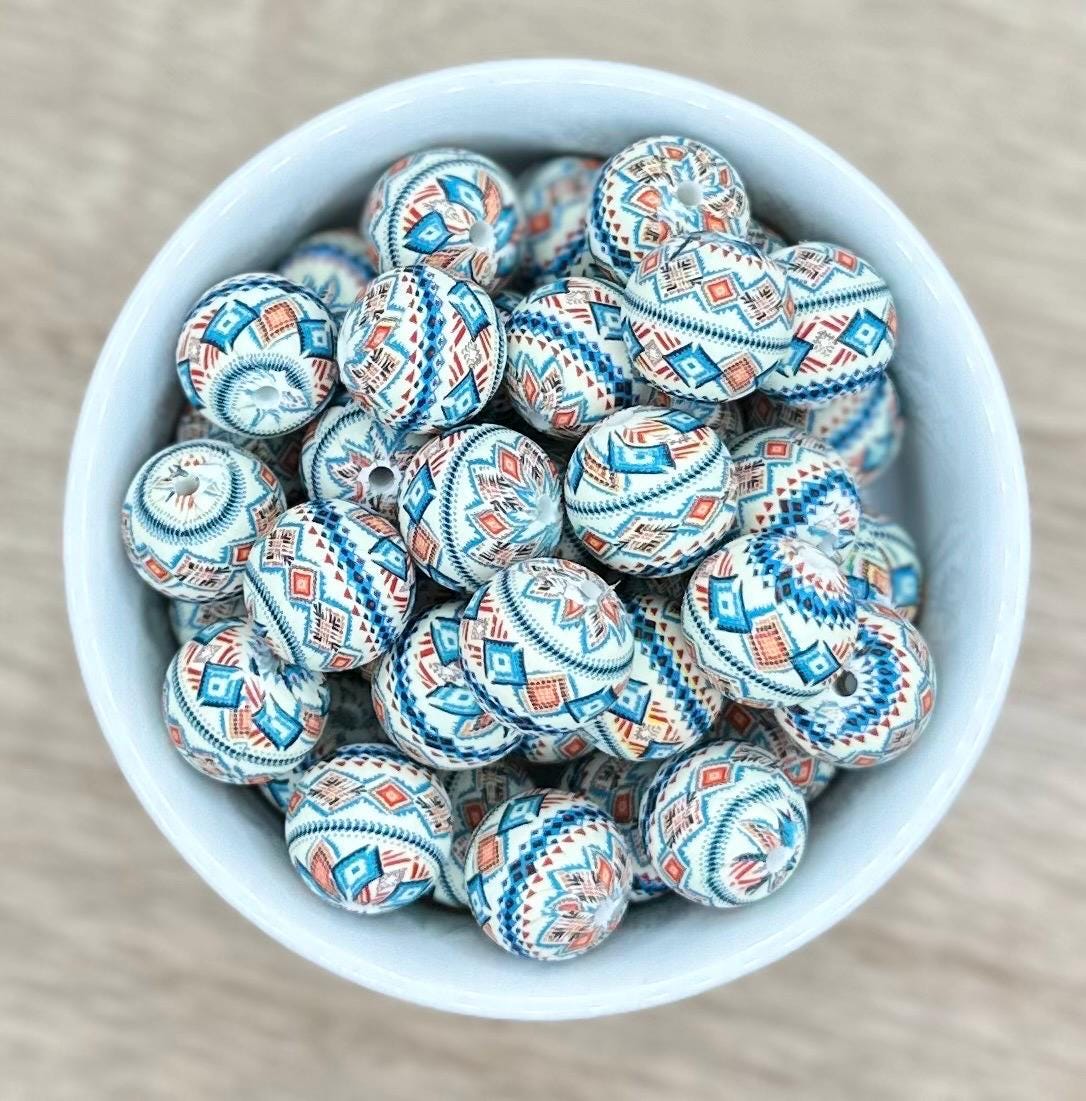 Aztec Western Blue and Orange Print 15mm Round Printed Silicone Beads