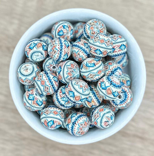 Aztec Western Blue and Orange Print 15mm Round Printed Silicone Beads