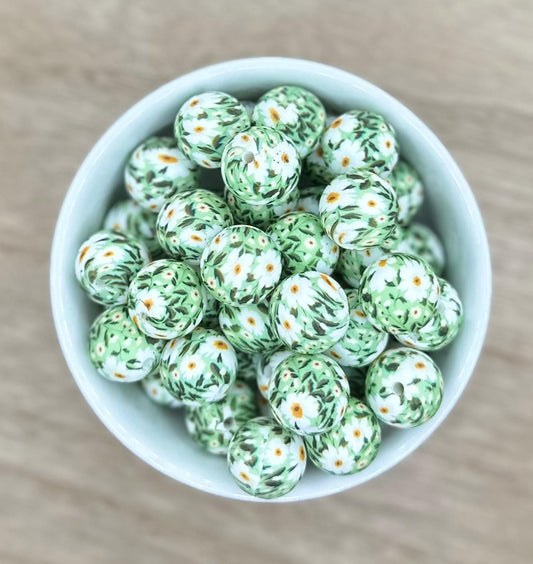 White Daisies Green Grass Print 15mm Round Printed Silicone Beads