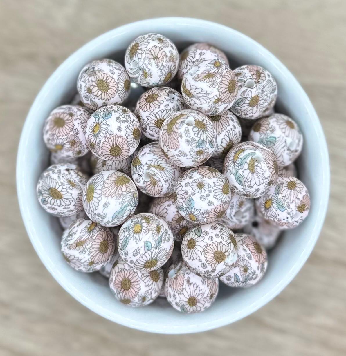 Faded Bloom - Floral Print 15mm Round Printed Silicone Beads