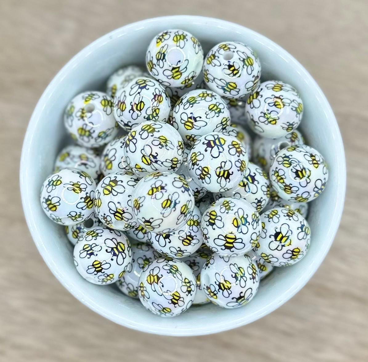 Bees UV Coated 16mm Round Printed Acrylic Beads