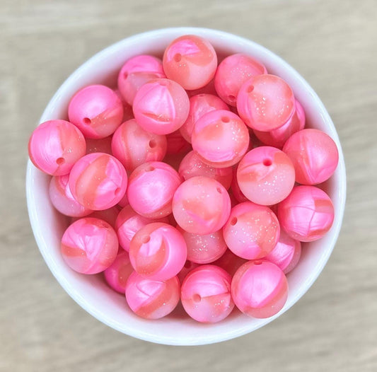 Pink Rose Petals and Glitter Round Silicone Beads