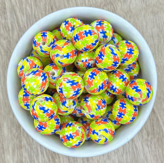 Autism Awareness Puzzle Print 15mm Round Silicone Beads