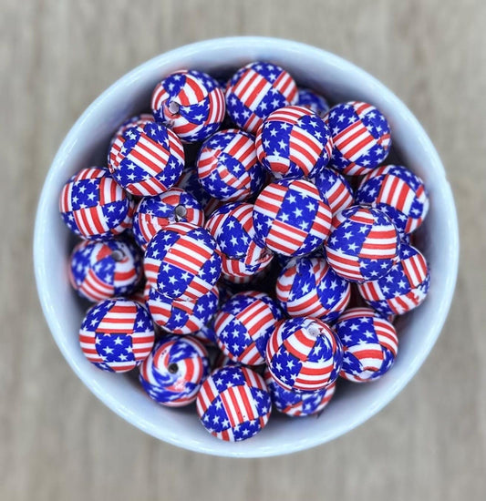 USA Flag Checkered Round 15mm Printed Silicone Beads
