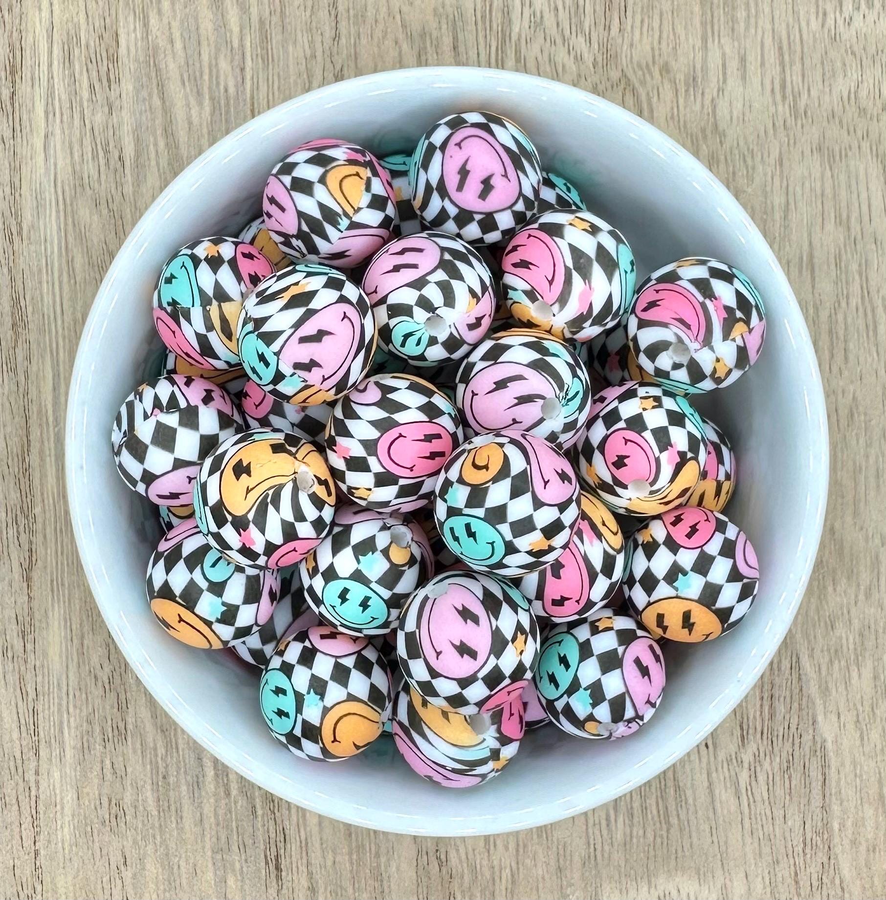 Checkered Smiley 15mm Round Printed Silicone Beads