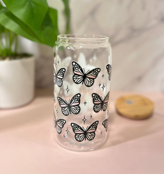 Light Pink Butterfly • Glass Can Cup 16oz