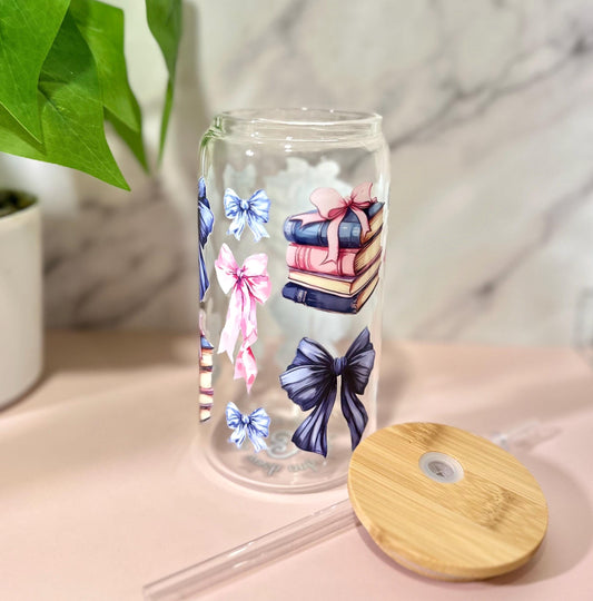 Books and Bows • Glass Can Cup 16oz