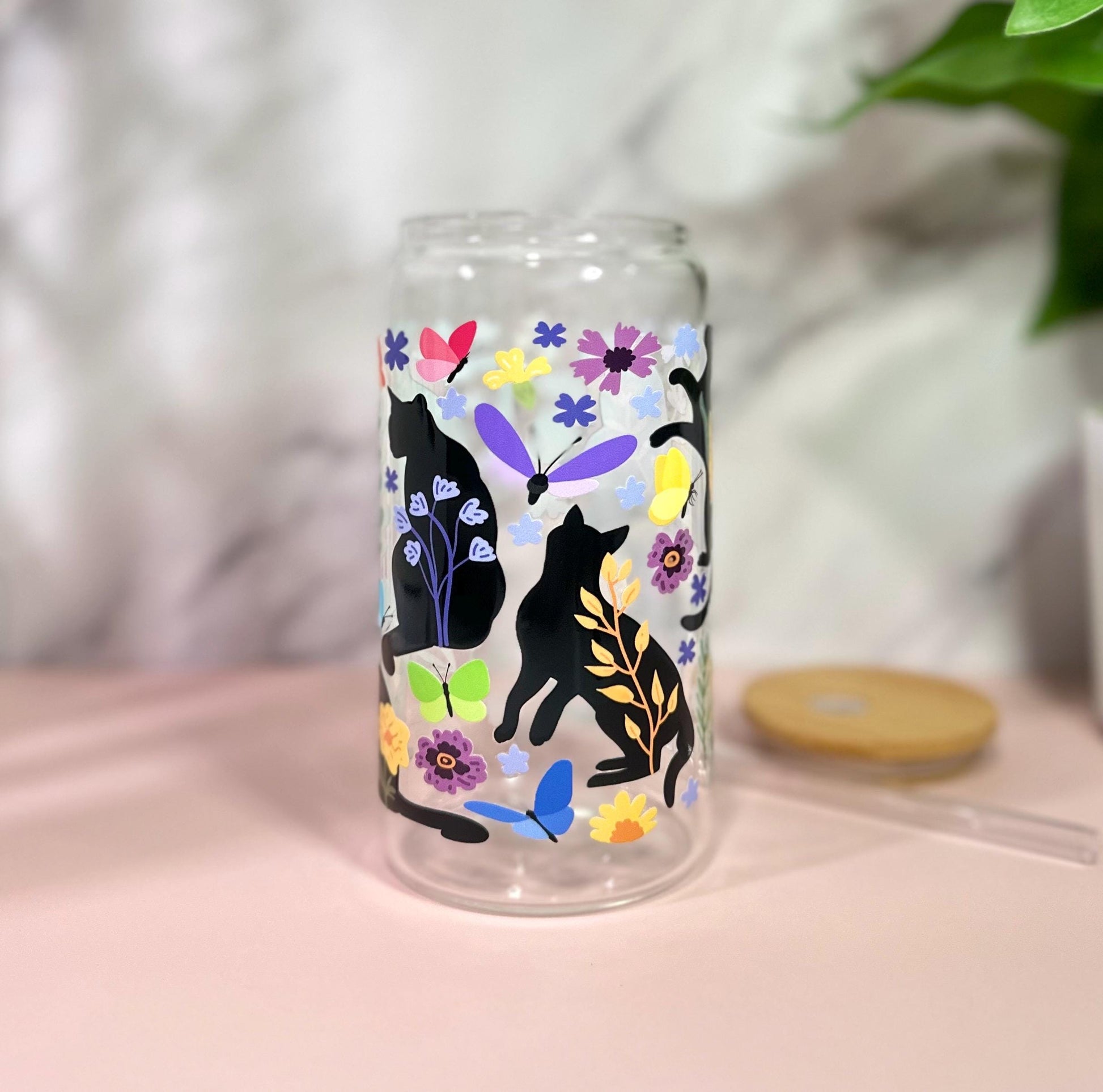 Black Cats and Flowers • Glass Can Cup 16oz