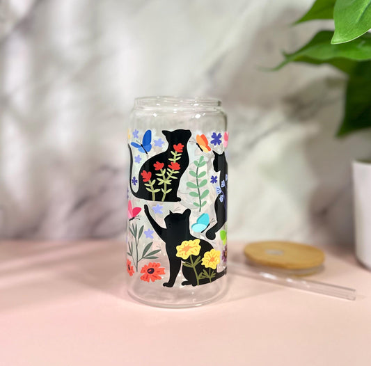 Black Cats and Flowers • Glass Can Cup 16oz