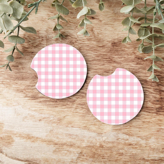 Pink Gingham Car Coasters, Neoprene Car Coasters