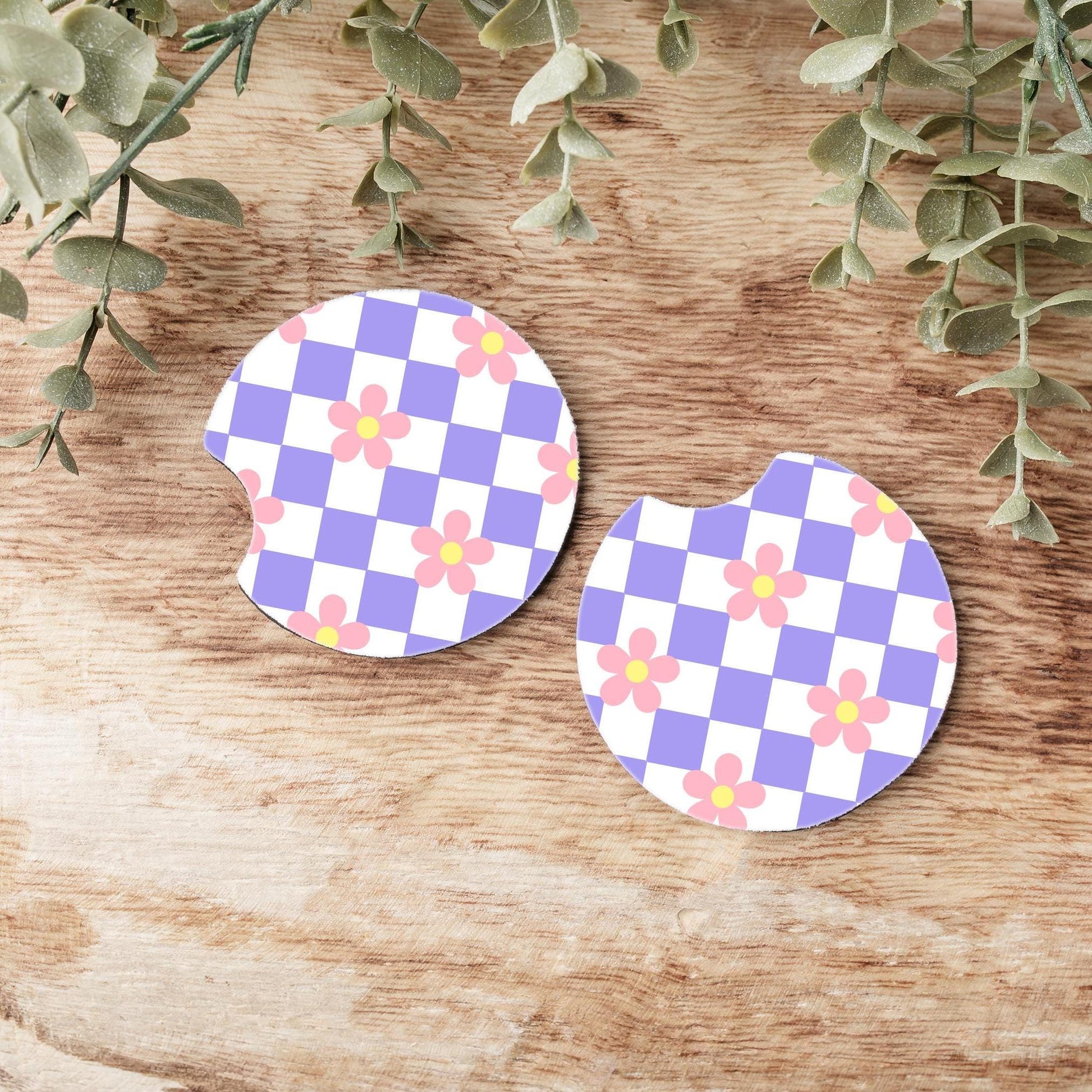 Purple Checkered with Flowers Car Coasters, Neoprene Car Coasters