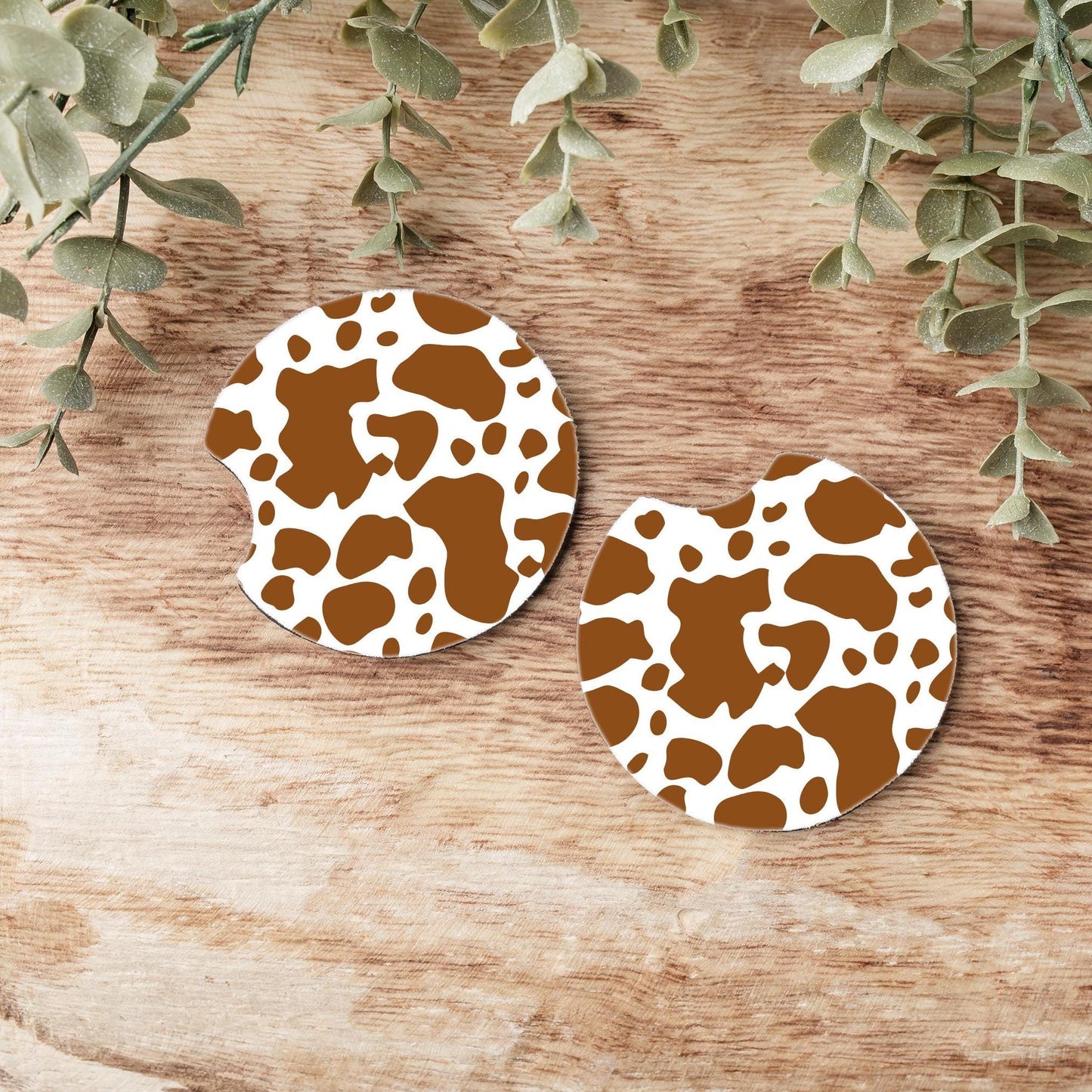 Black or Brown Cow Print Car Coasters: Neoprene Cup Holder Coasters