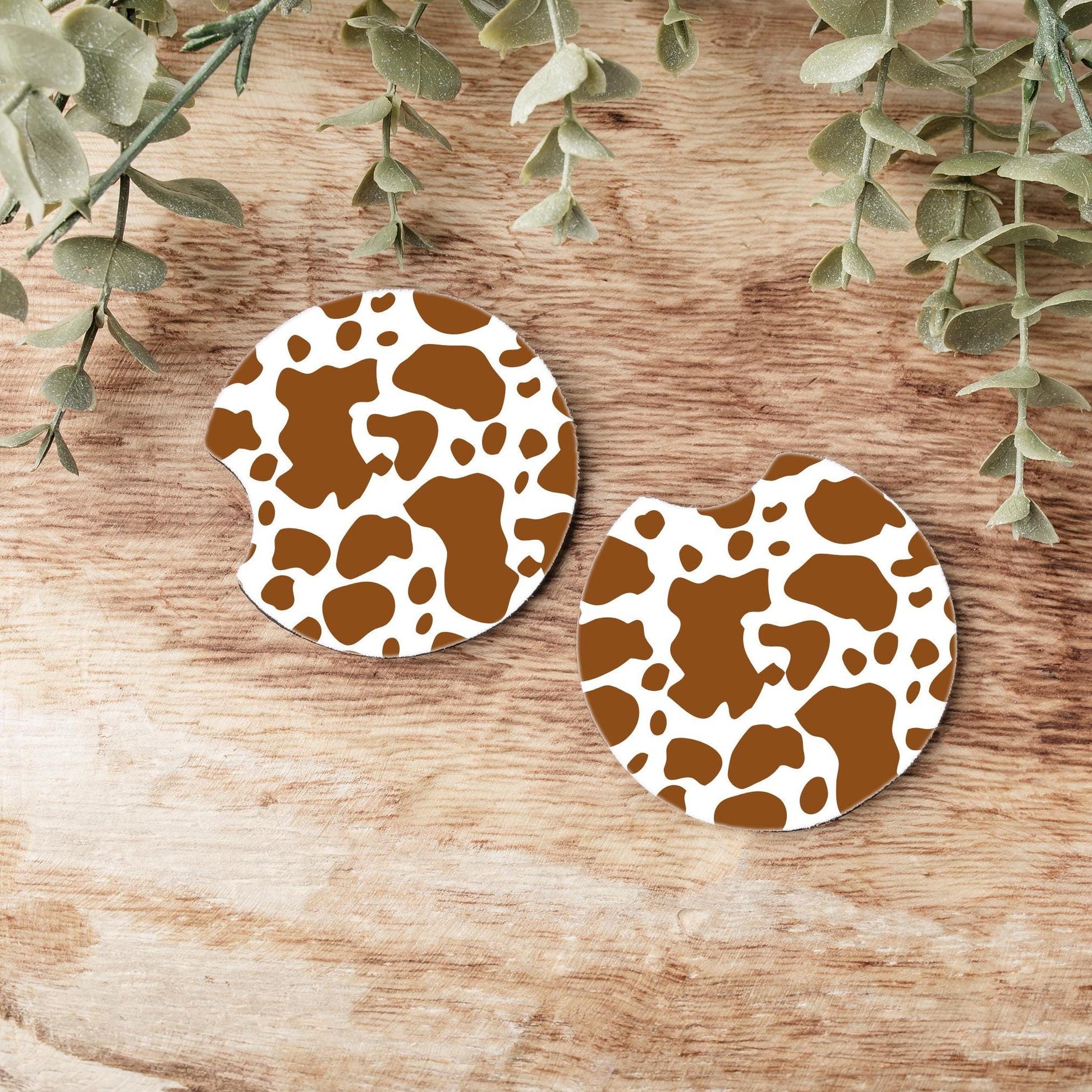 Black or Brown Cow Print Car Coasters: Neoprene Cup Holder Coasters