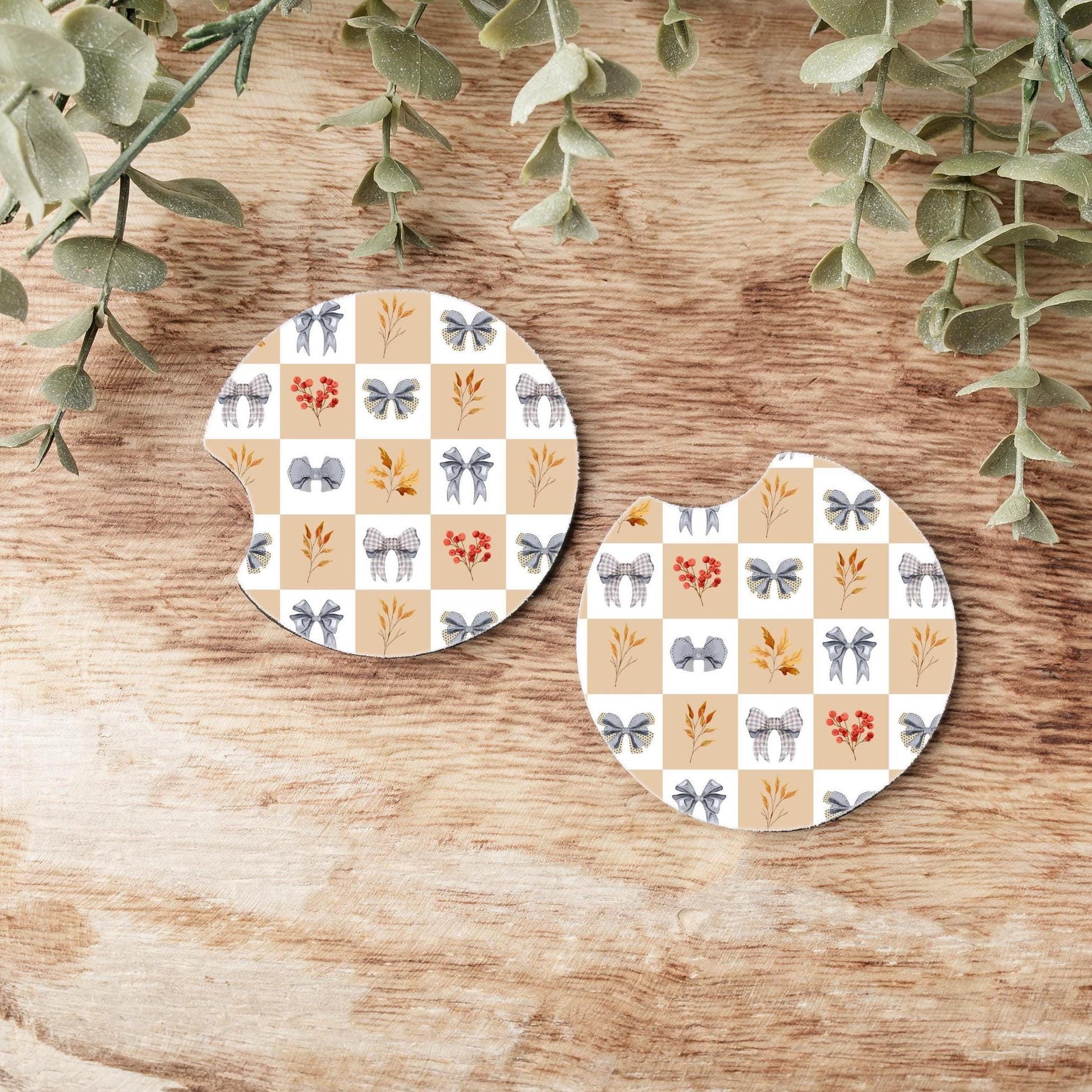 Autumn Checkered Bows Car Coasters: Neoprene Auto Accessories